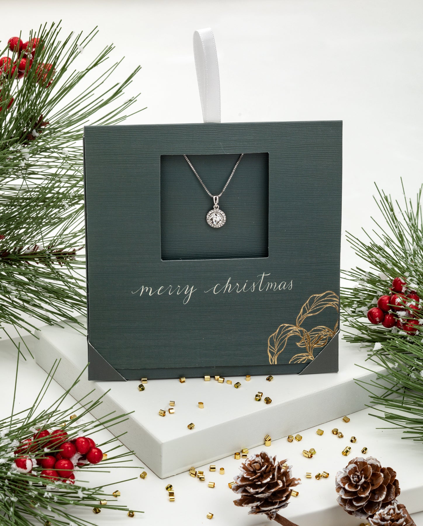 Silvertone Clear Crystal Halo Pendant Necklace - on Holiday Card