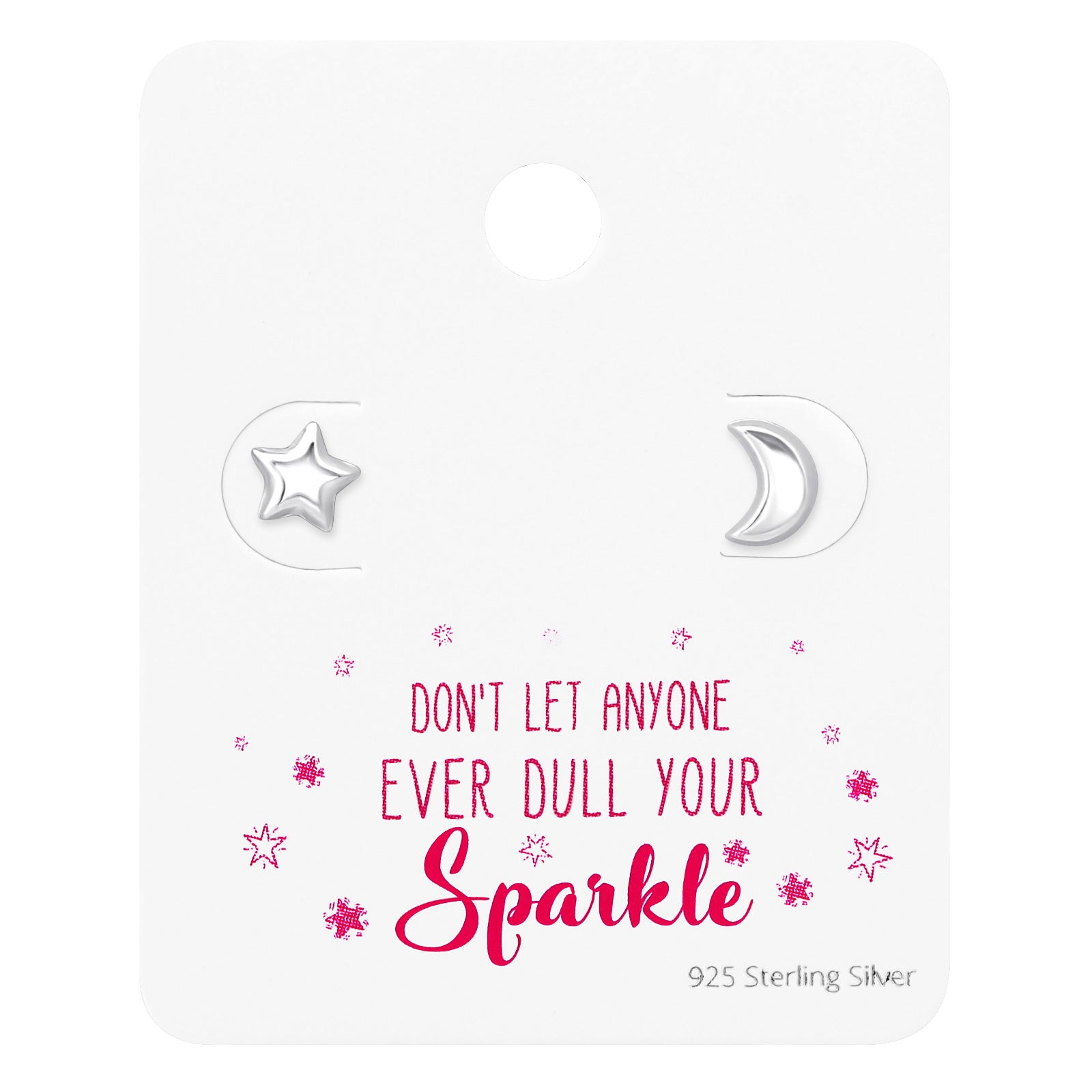 Sterling Silver Moon Star Stud Earrings on Sparkle Card