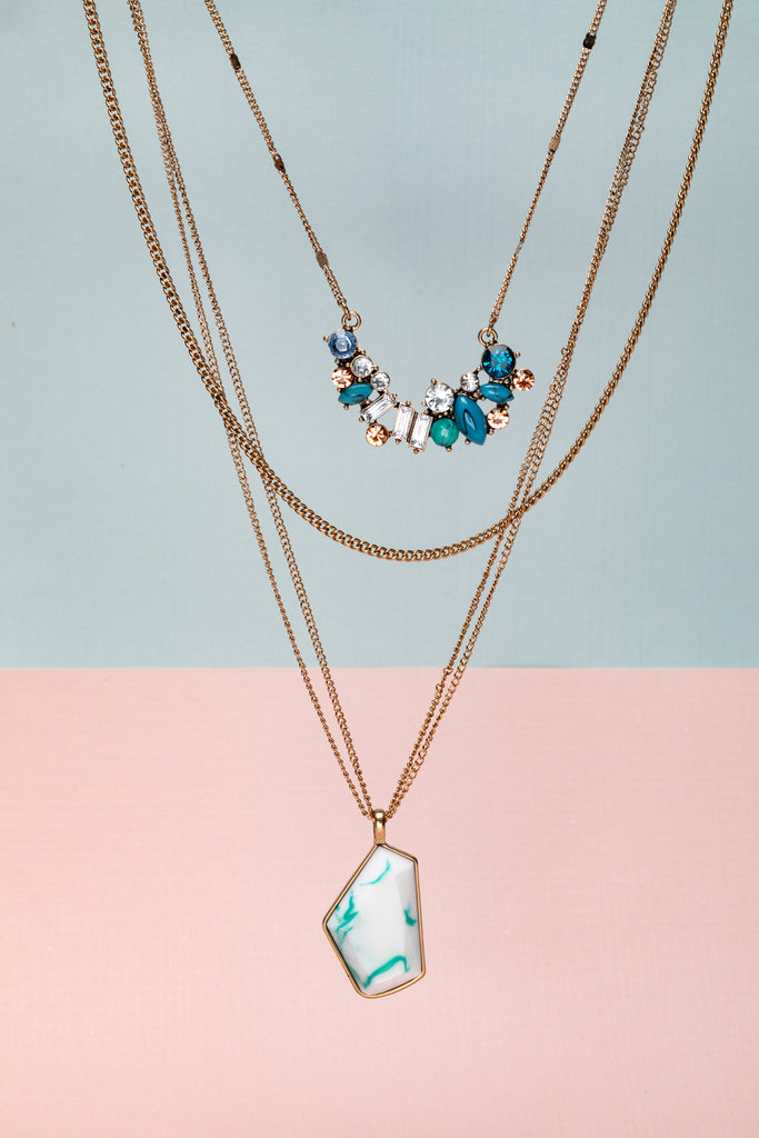 Goldtone Layered Necklace with Blue Crystal Clusters & White Geometric Pendant - Don