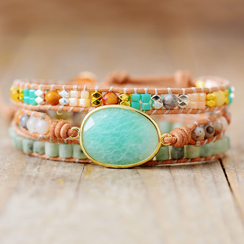 Goldtone Amazonite Stone Wrap Bracelet