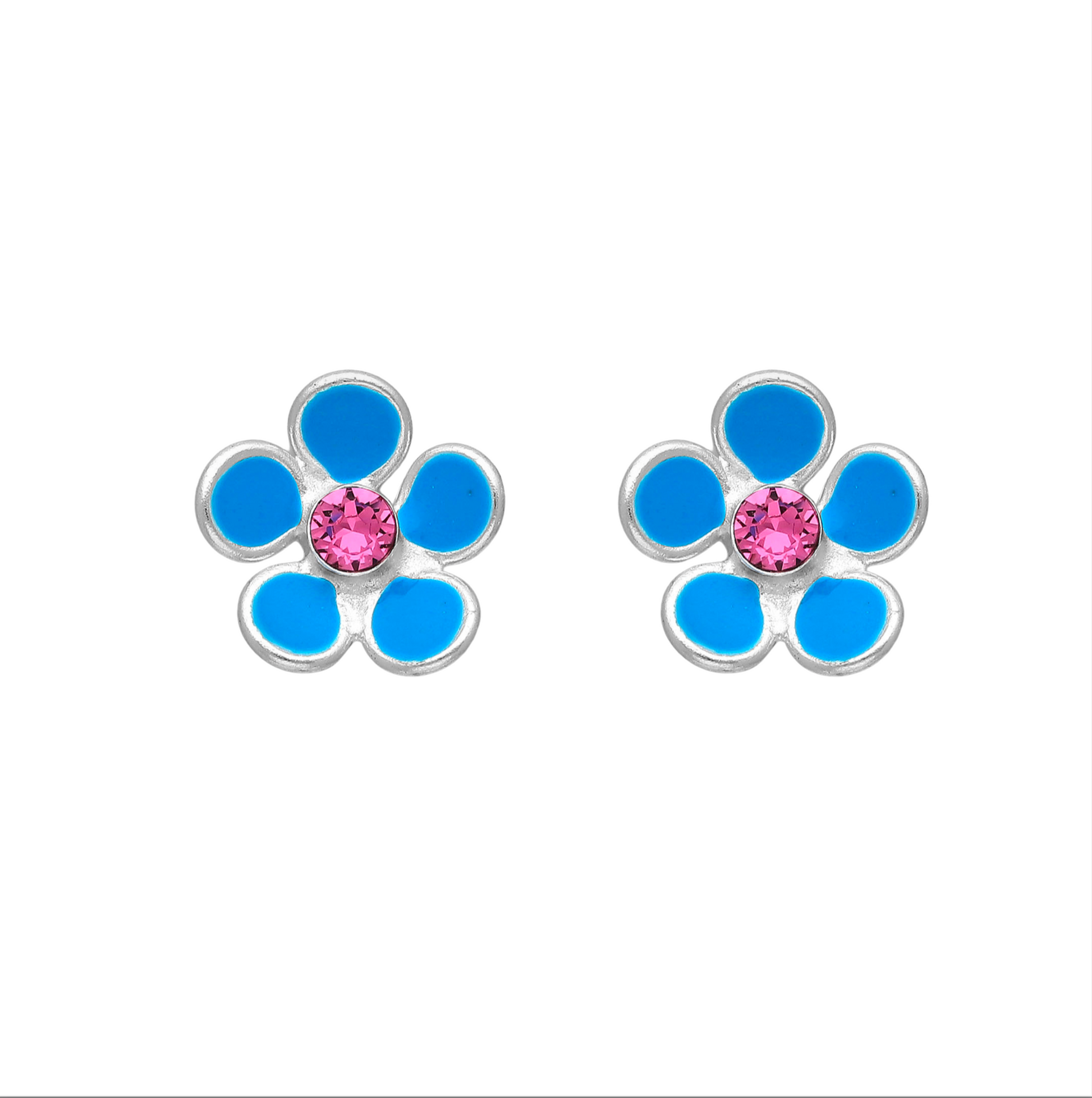 Sterling Silver Blue Pink CZ Flower Stud Earrings