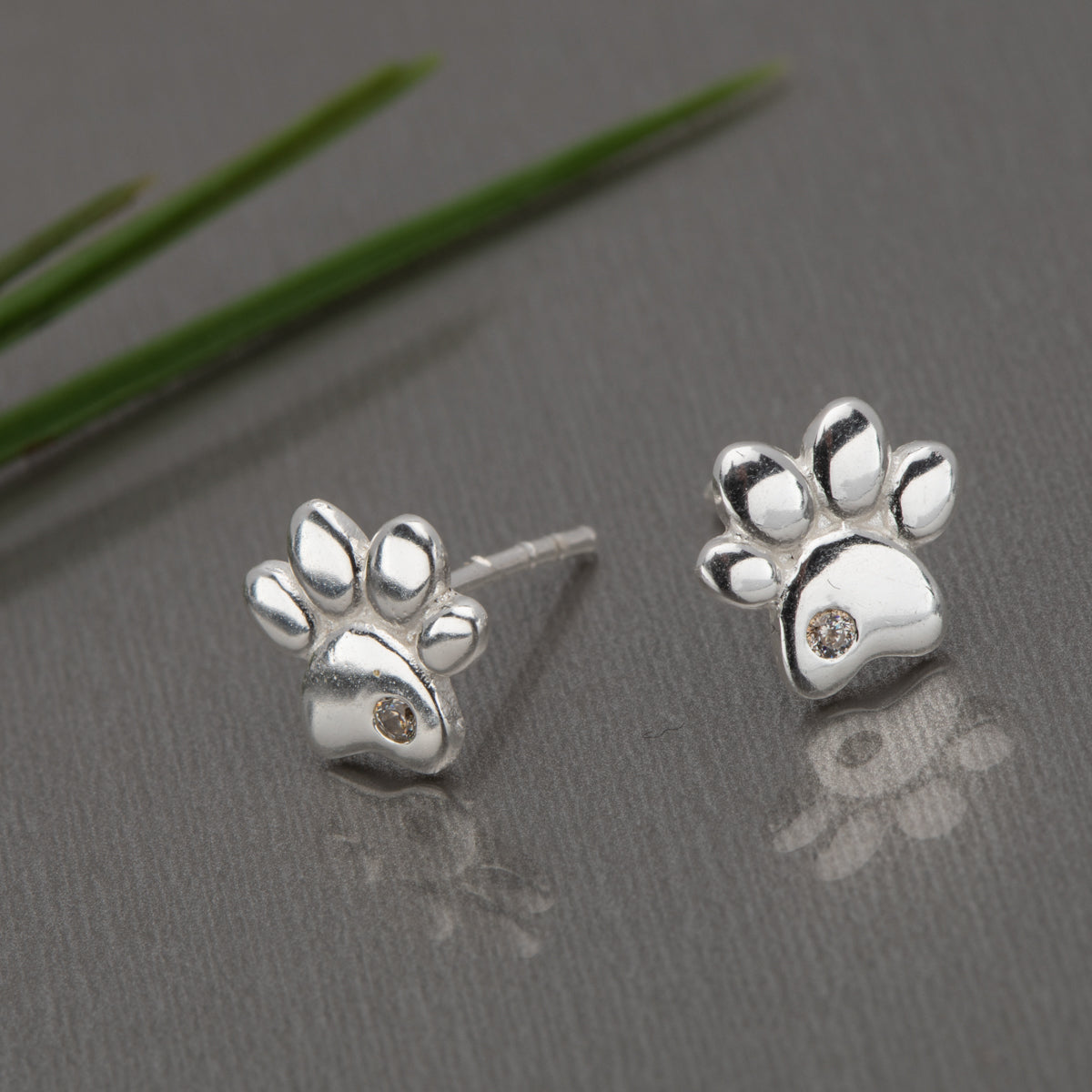Sterling Silver CZ Paw Print Stud Earrings