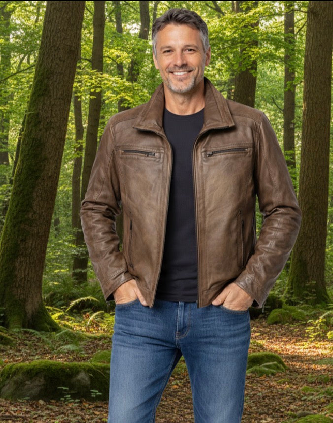 Veste en cuir veritable Distress Brown à double collet détachable par Plongé