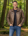 Veste en cuir veritable Distress Brown à double collet détachable par Plongé