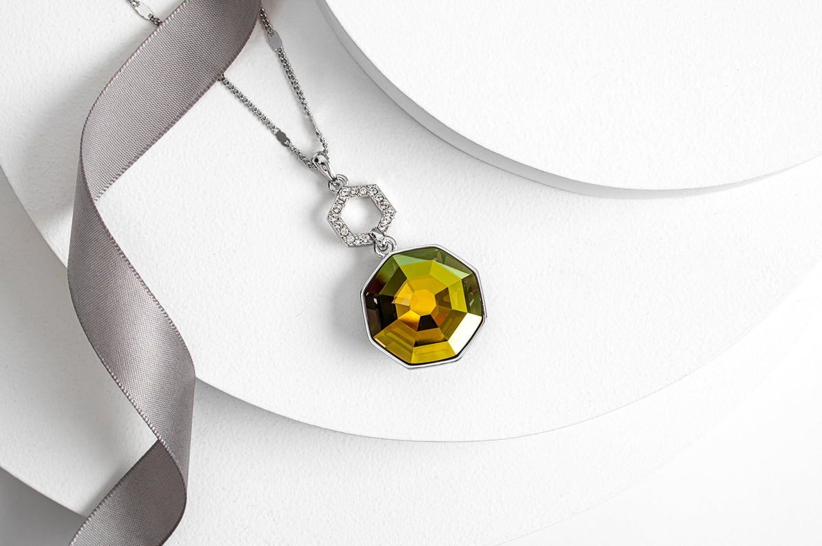 Gold Hexagon Crystal Long Statement Necklace