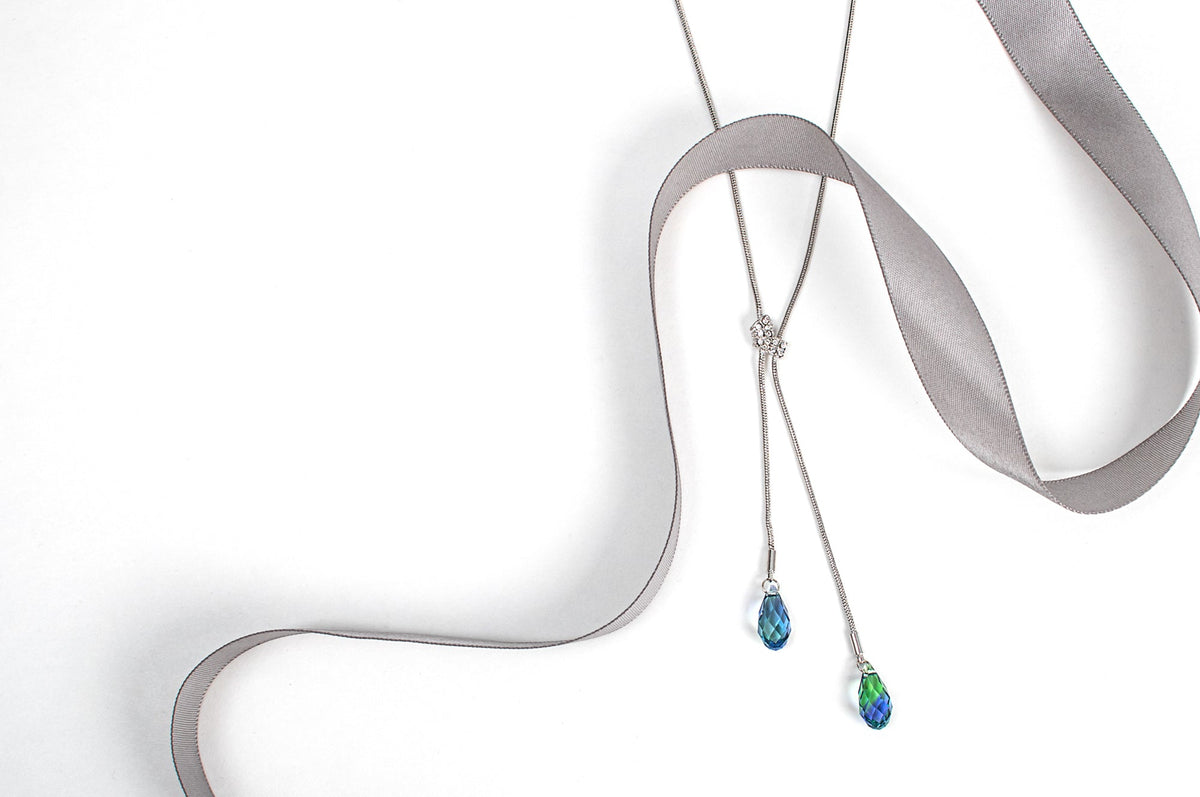 Green Blue Ombre Crystal Lariat Style Necklace