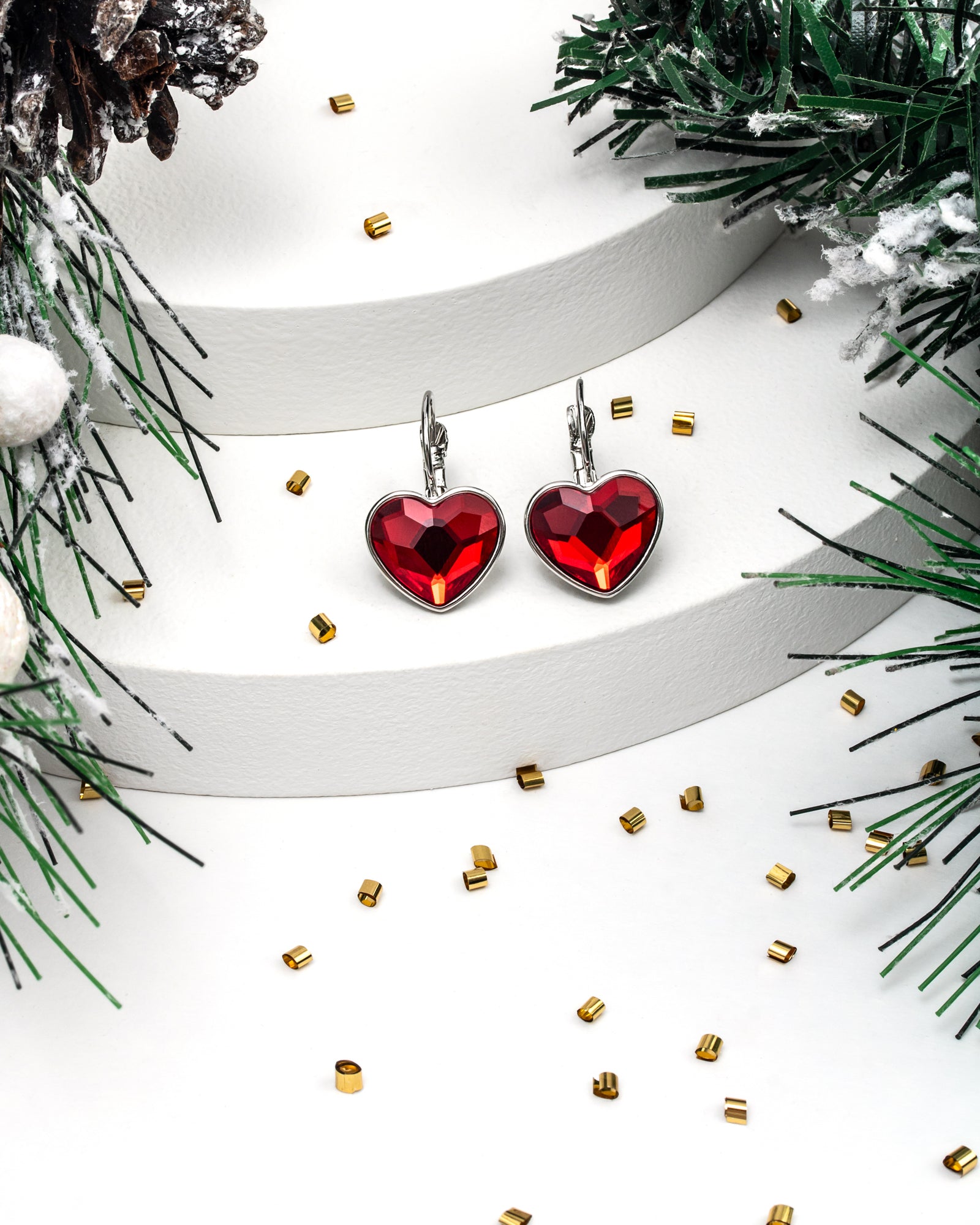 Rhodium plated leverback Red Siam Swarovski earrings