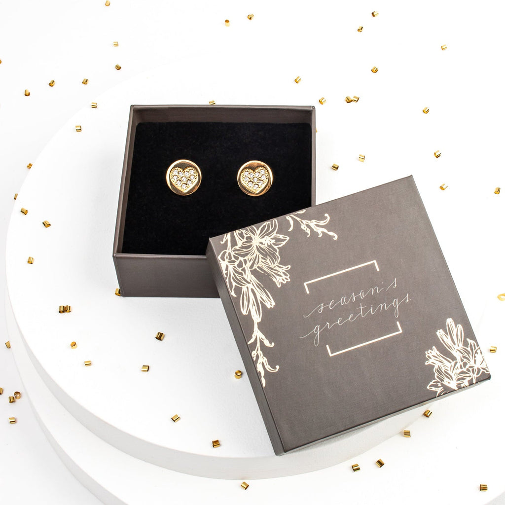 Gold Heart Crystal Stud Earrings Gift Box