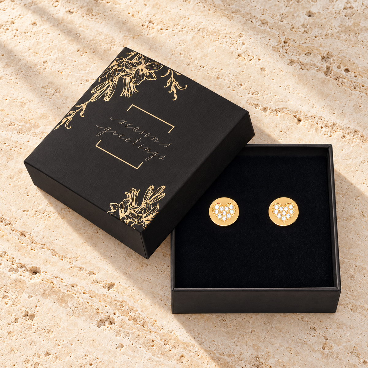 Gold Heart Crystal Stud Earrings Gift Box