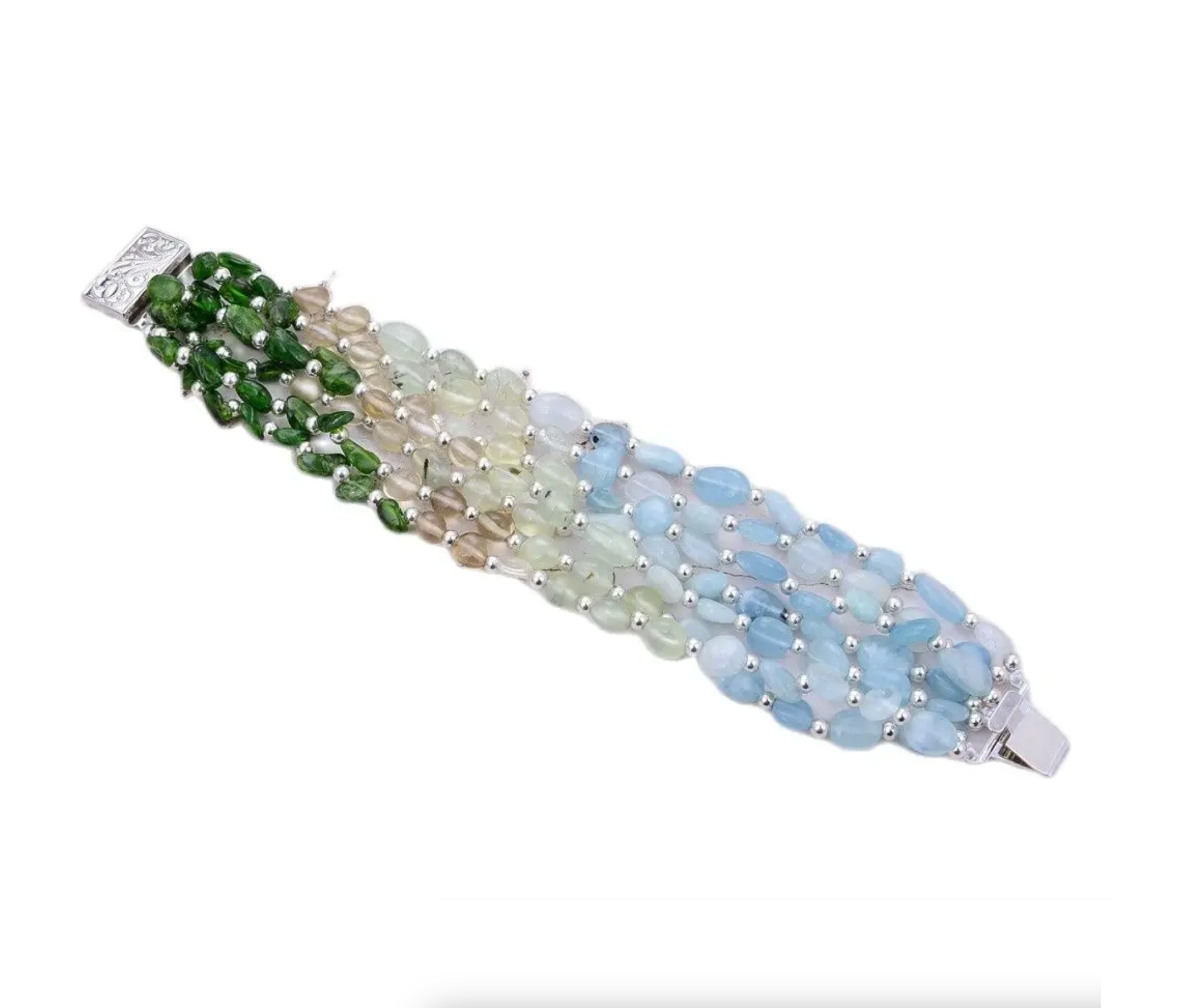 7 Row Aquamarine, Peridot & Diospsides Multi-Strand Statement Bracelet