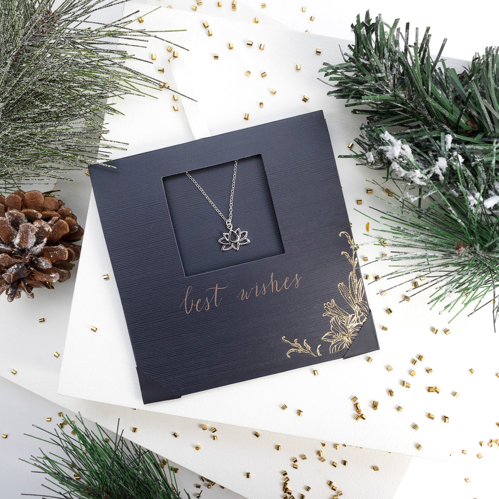 Lotus necklace with sparkling CZ pendant, stainless steel chain, gift-ready design by callura