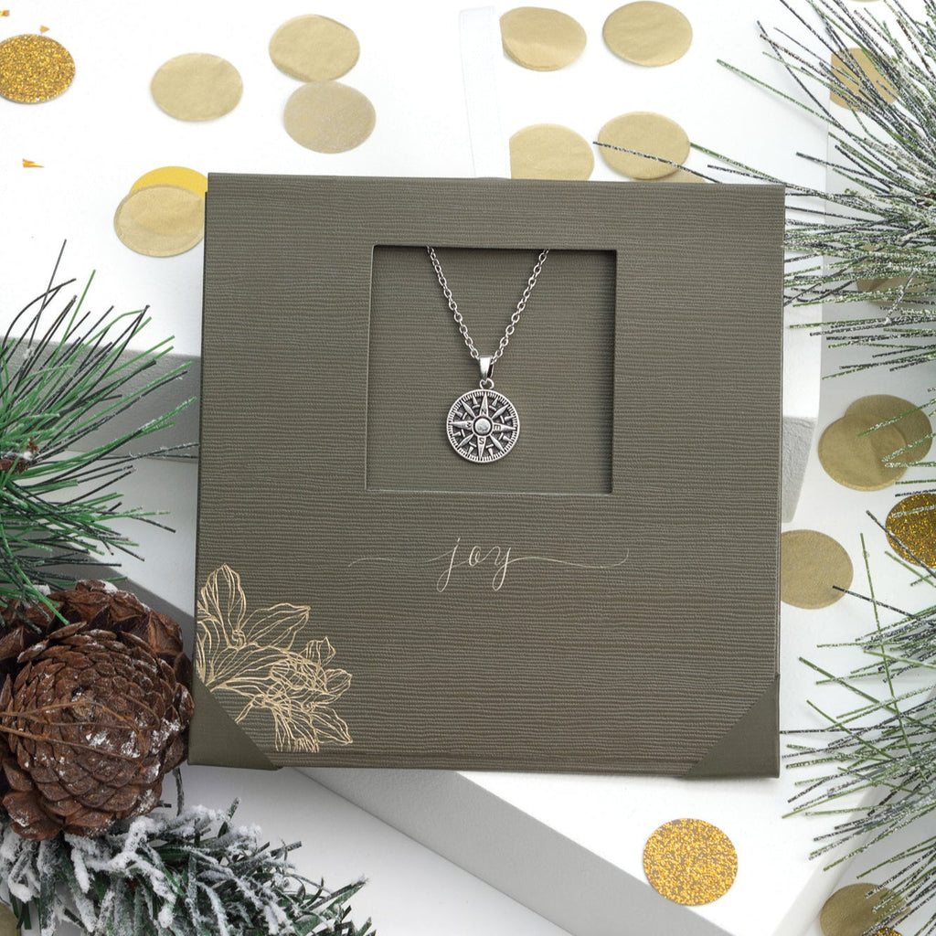 Compass Necklace – Rhodium Plated Stainless Steel, Gift-Ready