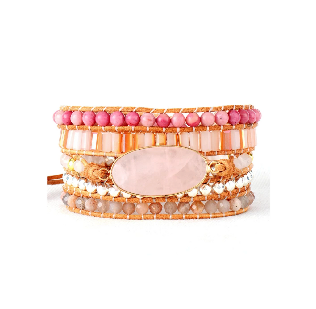 Goldtone Pink Gemstone Wrap Bracelet With Rhondonite, Agate & Rose Quartz