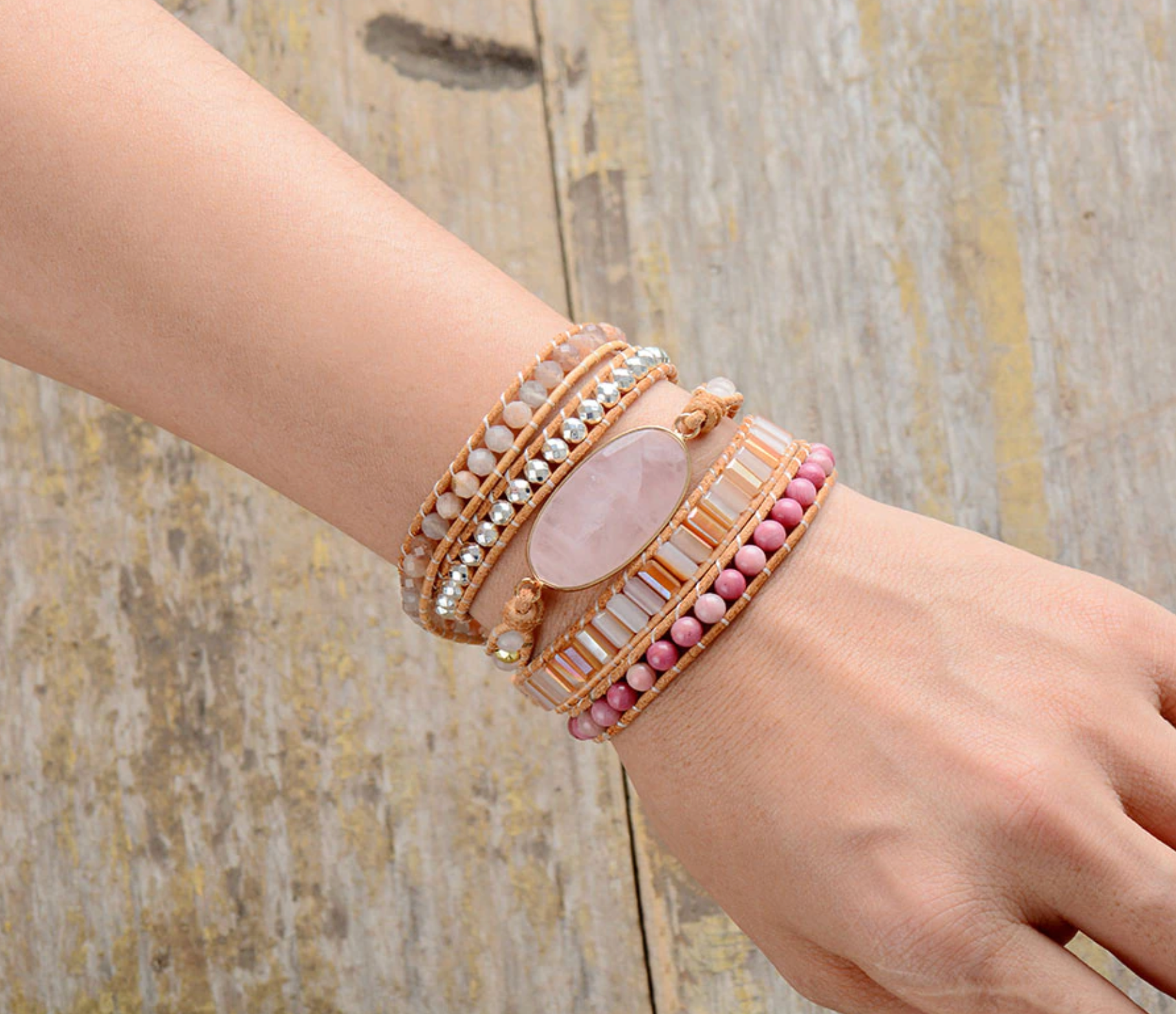 Goldtone Pink Gemstone Wrap Bracelet With Rhondonite, Agate & Rose Quartz