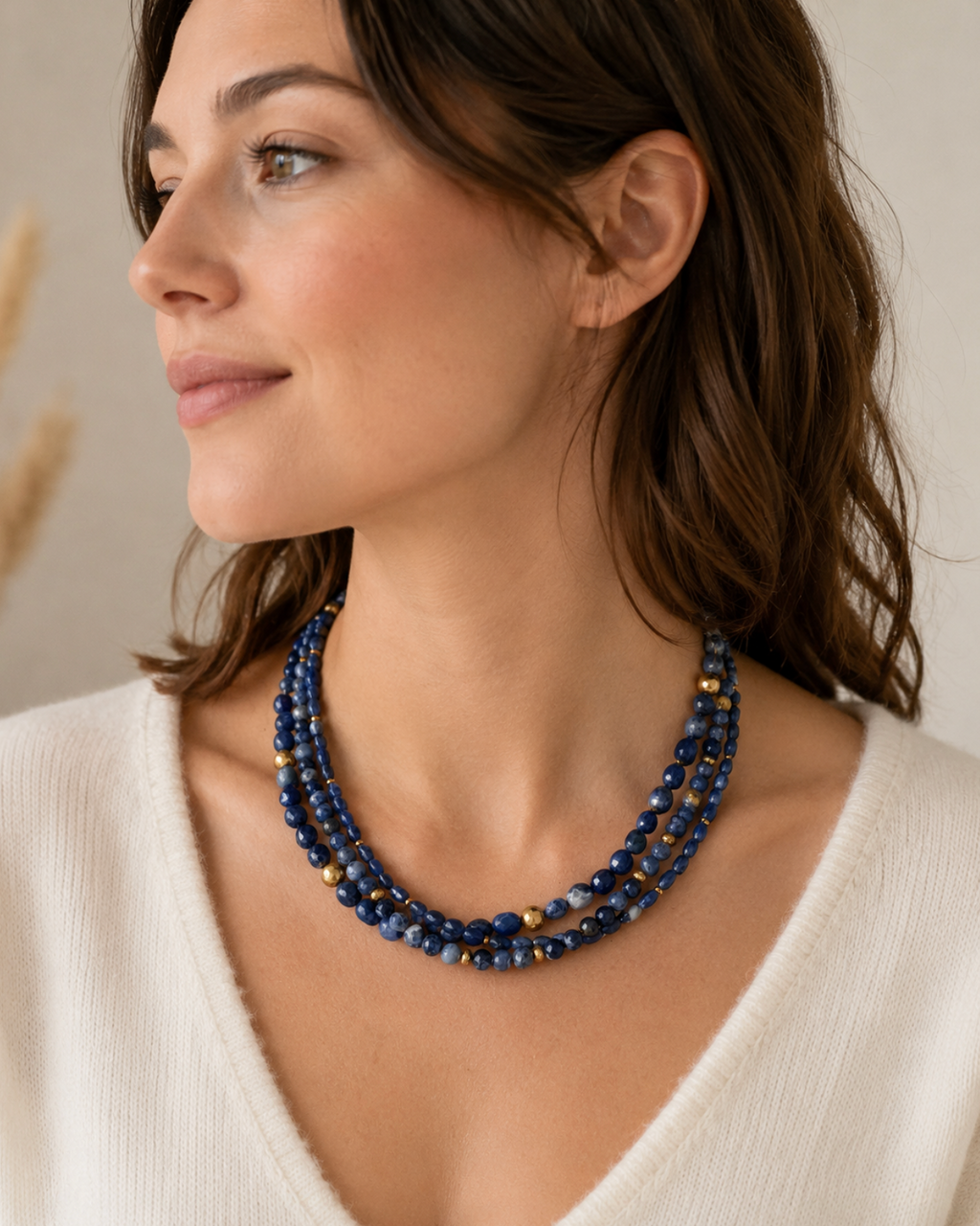 InstaGlam Sodalite & Gold-Tone Brass Multi-Strand Necklace – Handmade Local Design
