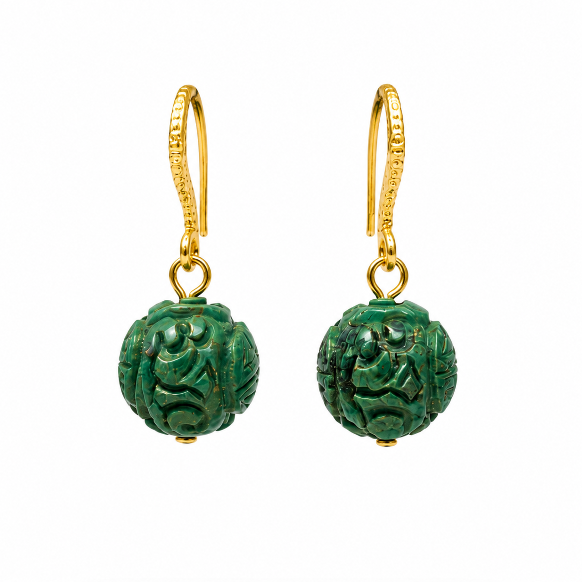 InstaGlam Carved Turquoise Sphere Drop Earrings – Gold Relief Accent