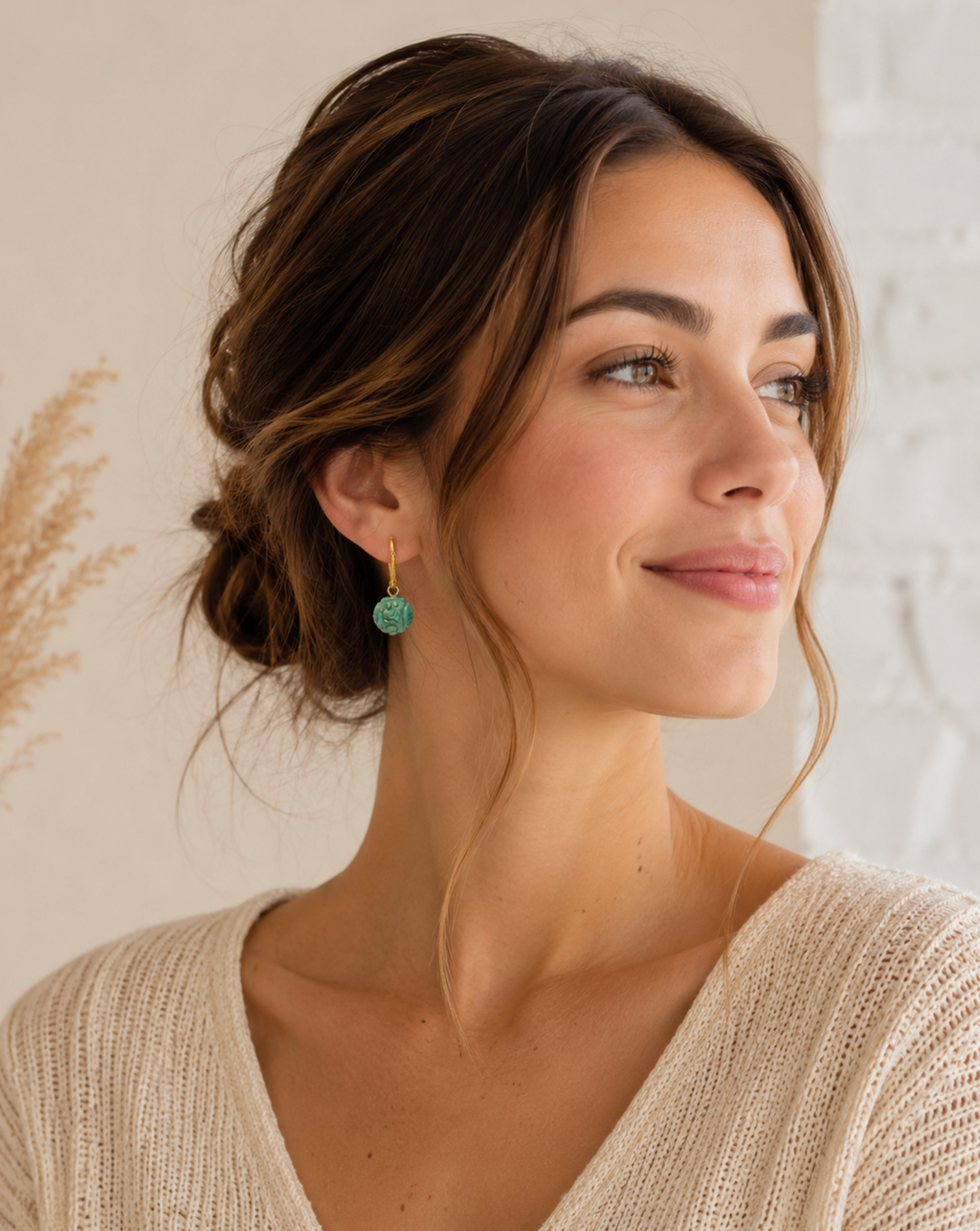 InstaGlam Carved Turquoise Sphere Drop Earrings – Gold Relief Accent