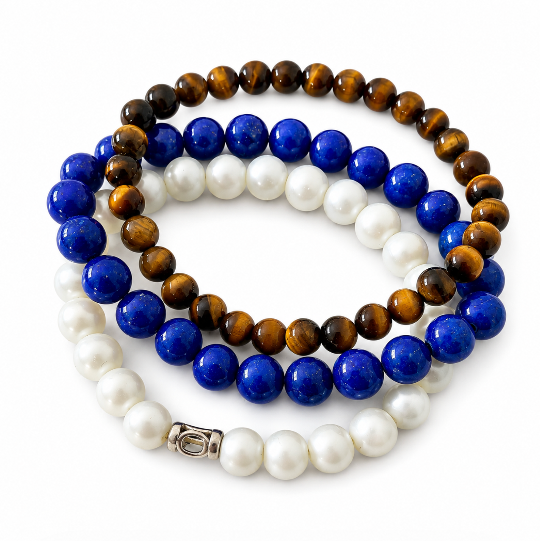 InstaGlam Tiger’s Eye, Dyed Agate & Faux Pearl Bracelet Set – Set of 3