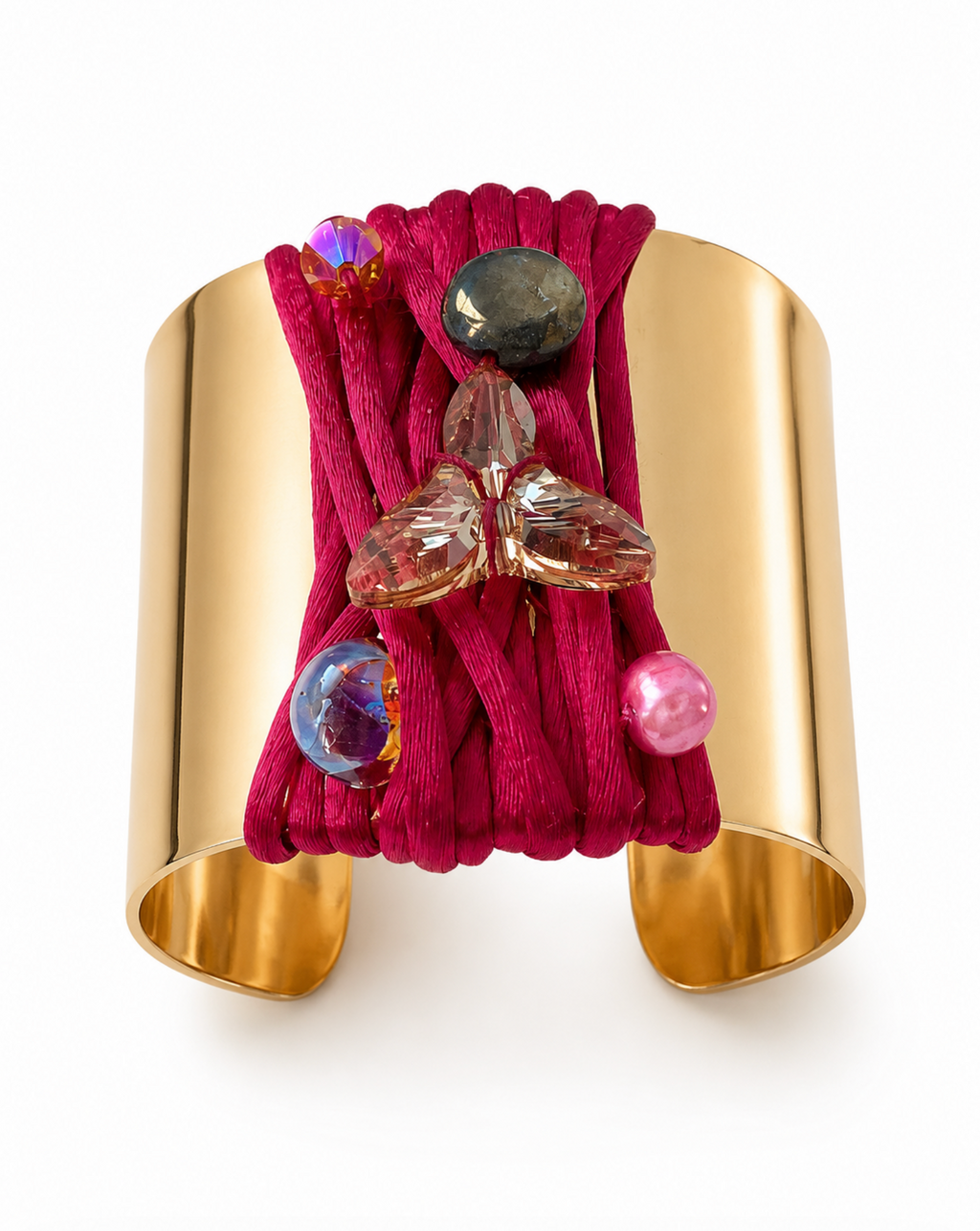InstaGlam Montréal – Fuchsia Satin & Gold Cuff with Swarovski, Pyrite & Freshwater Pearl