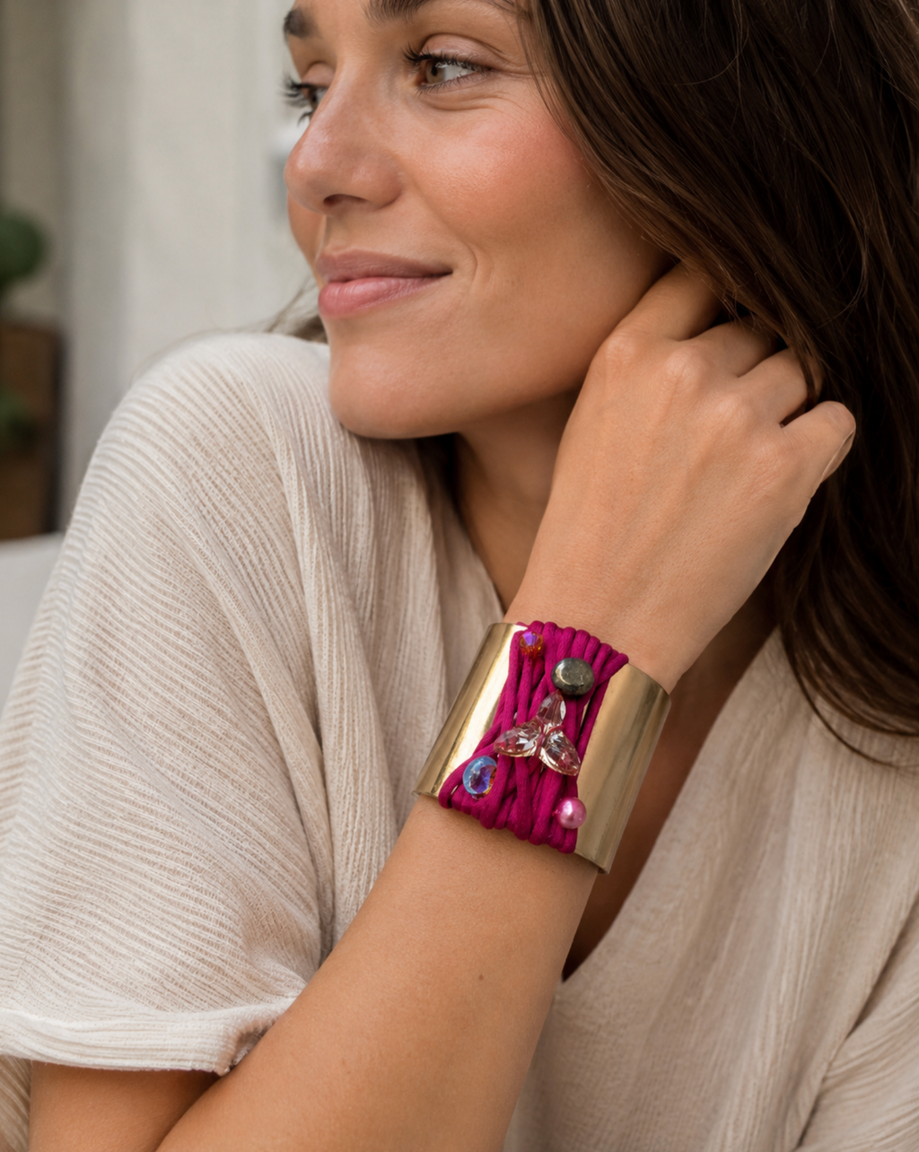 InstaGlam Montréal – Fuchsia Satin & Gold Cuff with Swarovski, Pyrite & Freshwater Pearl