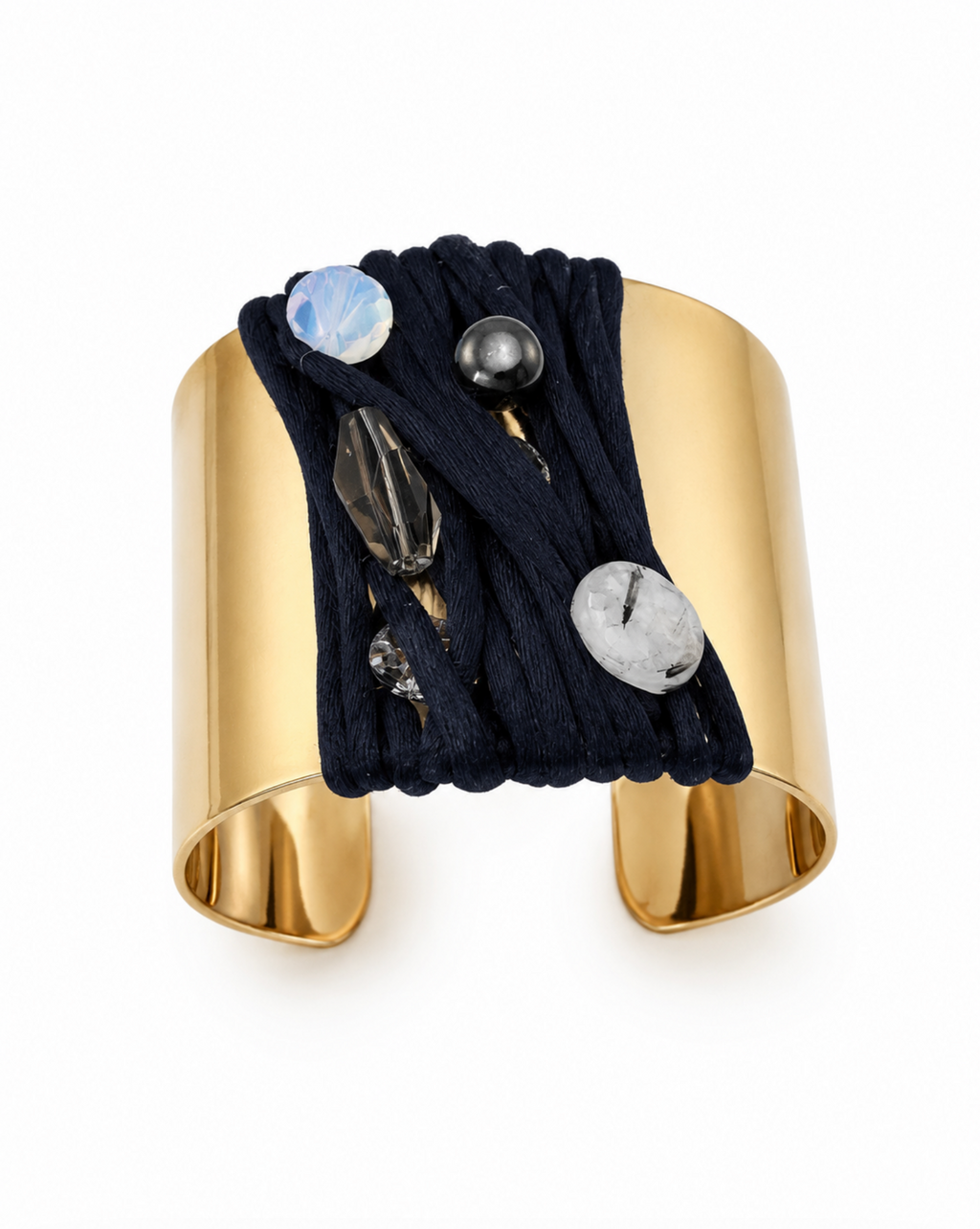 InstaGlam Montréal – Black Satin & Gold Cuff with Swarovski, Rutilated Quartz & Crystal Stones