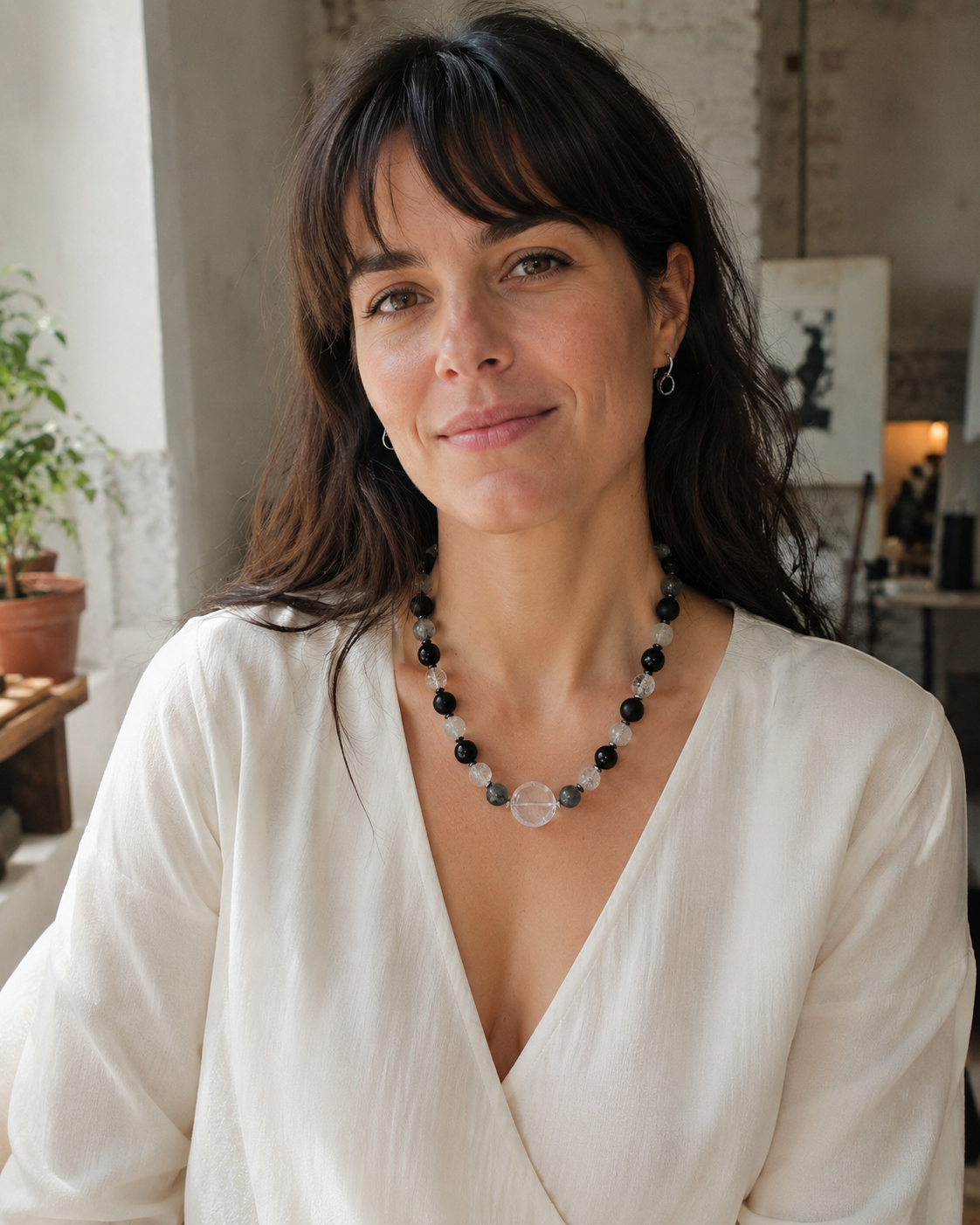 InstaGlam - Crystal Quartz, Tourmalinated Quartz & Onyx Statement Necklace — Montréal Upcycled Collection