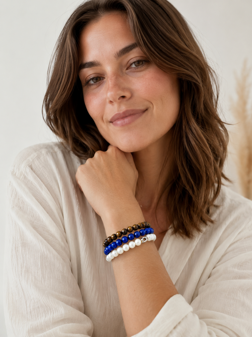 InstaGlam Tiger’s Eye, Dyed Agate & Faux Pearl Bracelet Set – Set of 3