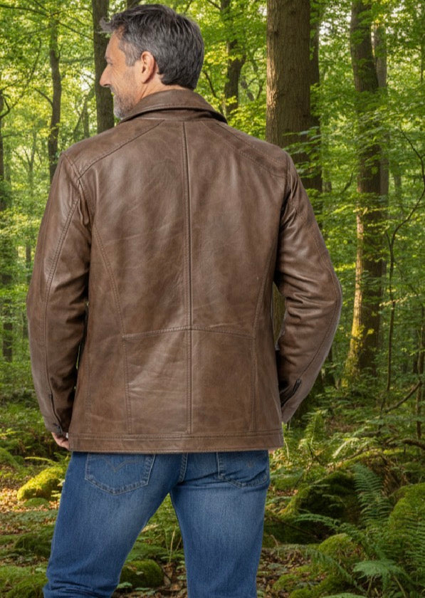 Veste en cuir veritable Distress Brown à double collet détachable par Plongé