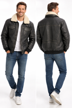 Veste en cuir veritable Noir à col de mouton détachable par Plongé