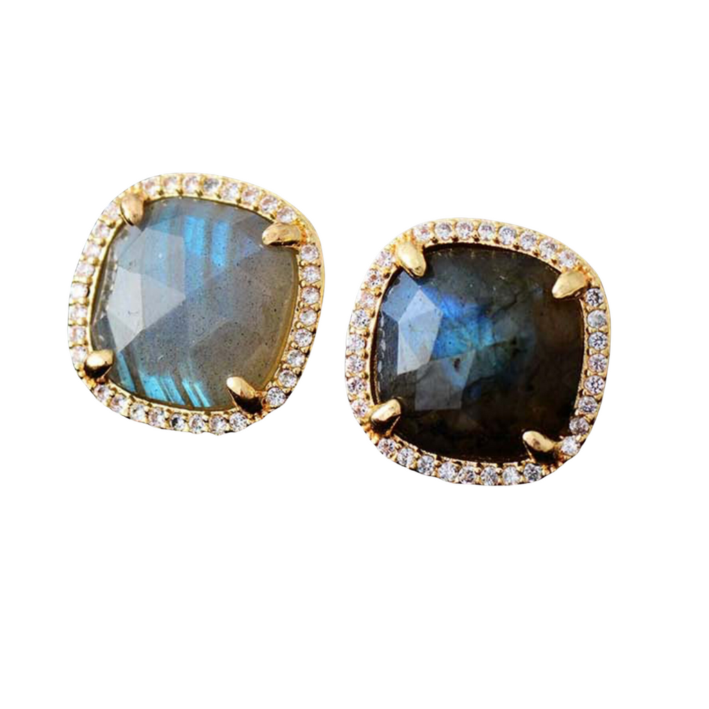 Pave Set Faceted Labradorite Cushion Stud Earring