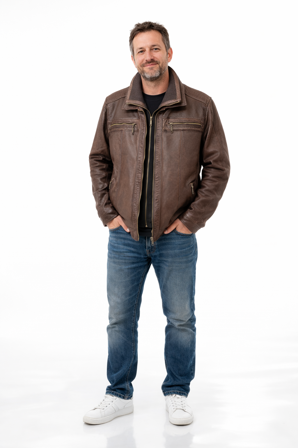 Veste en cuir veritable Merlot à double collet détachable par Plongé