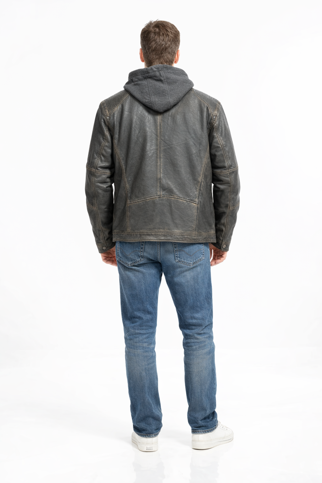 Veste en cuir veritable Antique à col détachable par Plongé