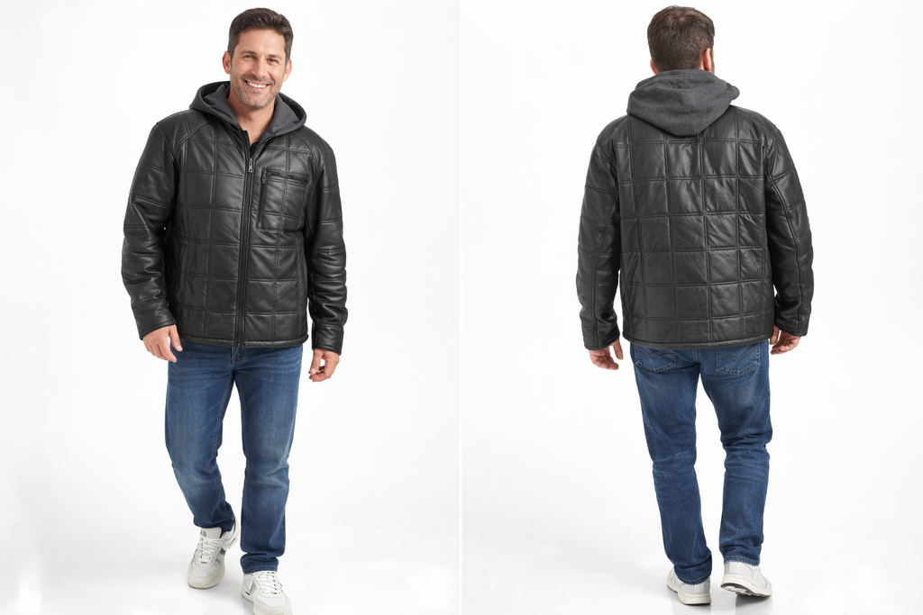 Veste en cuir veritable Noir à capuchon détachable par Plongé