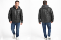 Veste en cuir veritable Noir à capuchon détachable par Plongé