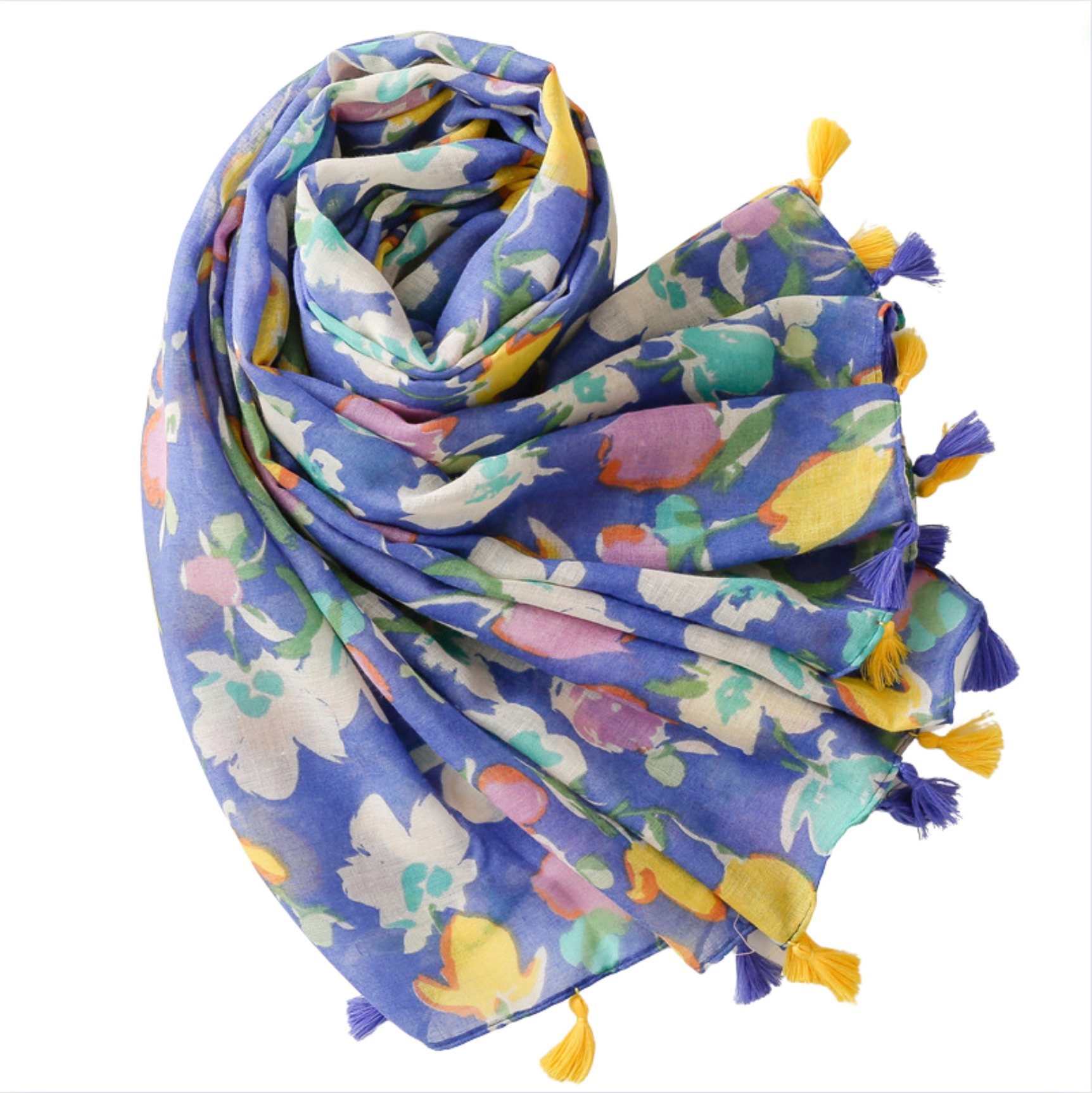 Watercolor Floral Scarf with Tassels in Blue and Yellow - Don't AsK