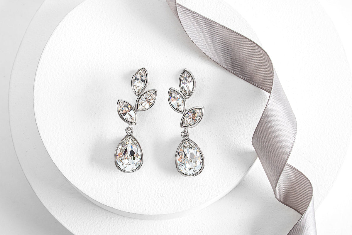 Silvertone & Clear Crystal Tri-Leaf Teardrop Earrings