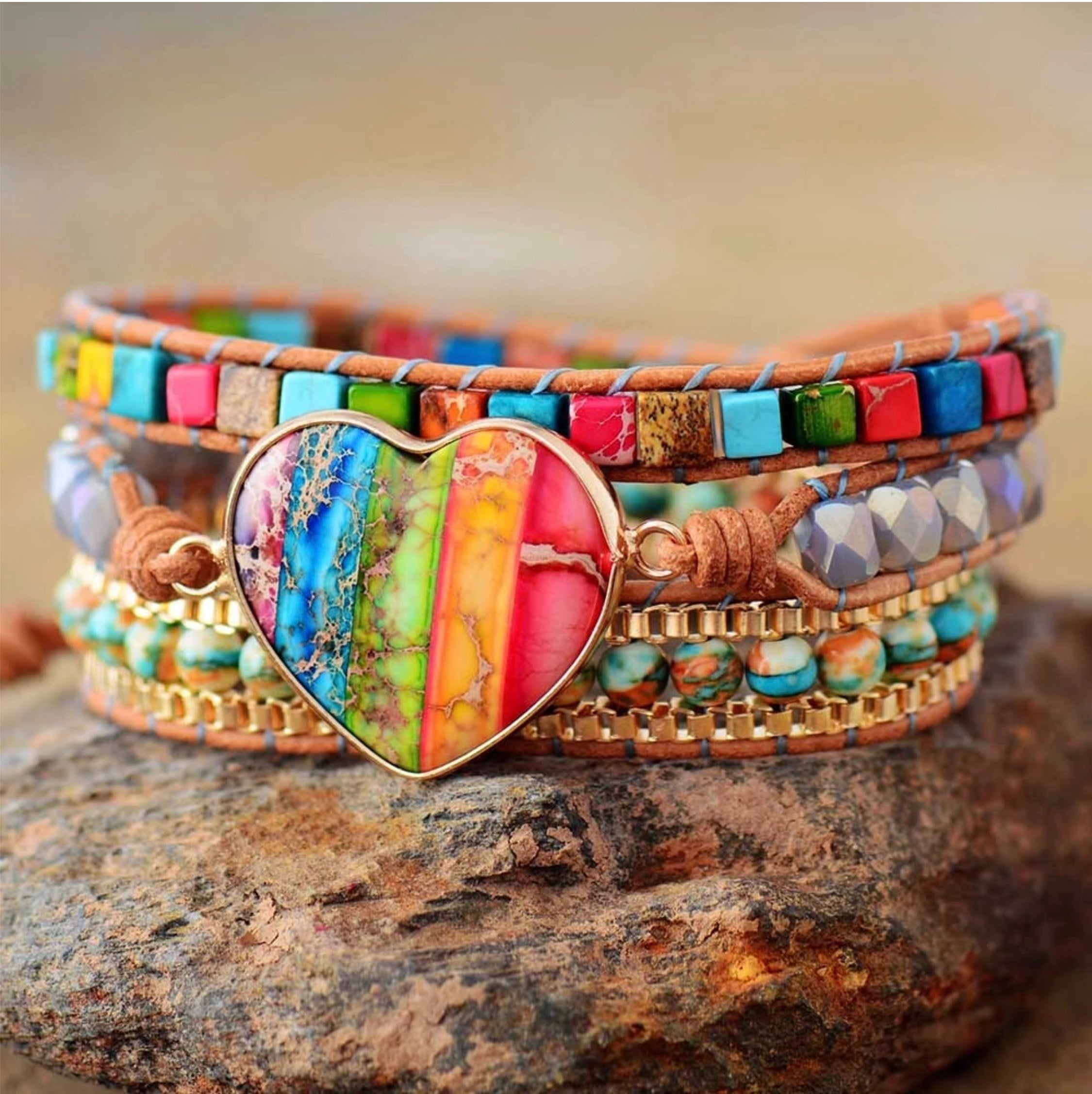 Agate Jasper Multicolor Chakra Beaded Leather Wrap Bracelet