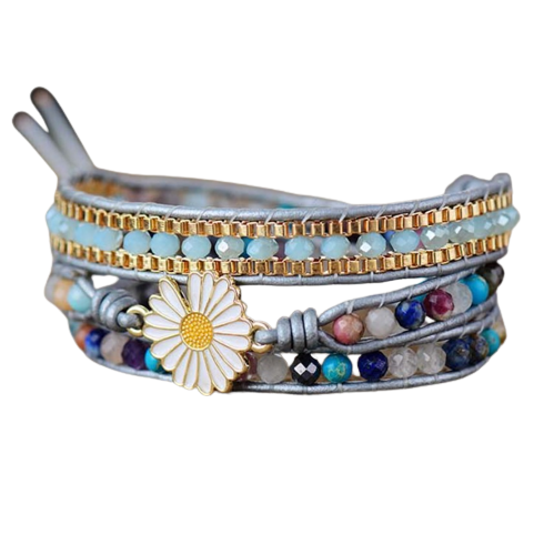 Handmade Blue Purple Gemstone Wrap Bracelet With White Daisy