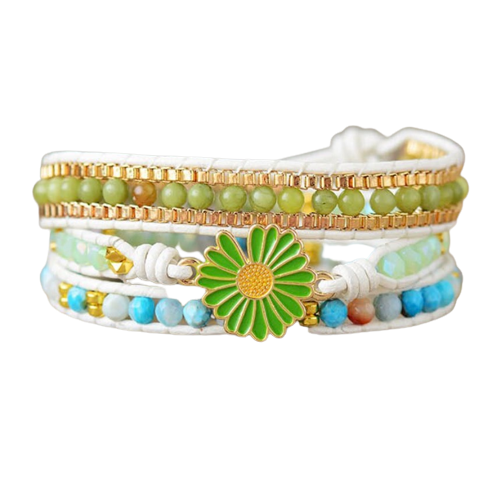 Handmade Blue Green Gemstone Wrap Bracelet With Green Flower