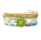 Handmade Blue Green Gemstone Wrap Bracelet With Green Flower