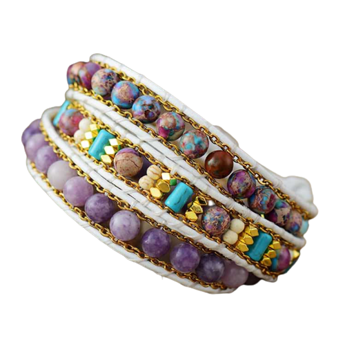 Handmade Bead And Gemstone 3 Row Wrap Bracelet Made With Amethyst And Howlite