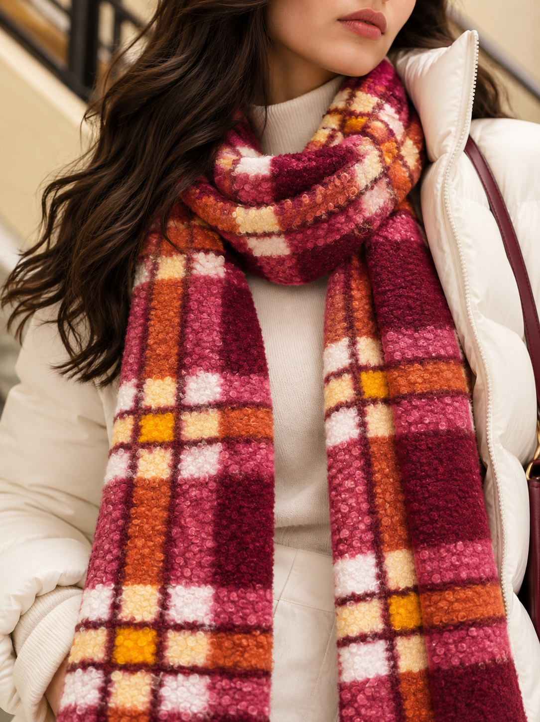 Foulard laine bouclée rouge orange par Anne de Shalla