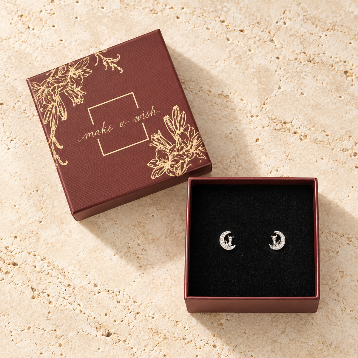 Cat on the Moon Stud Earrings Gift Box