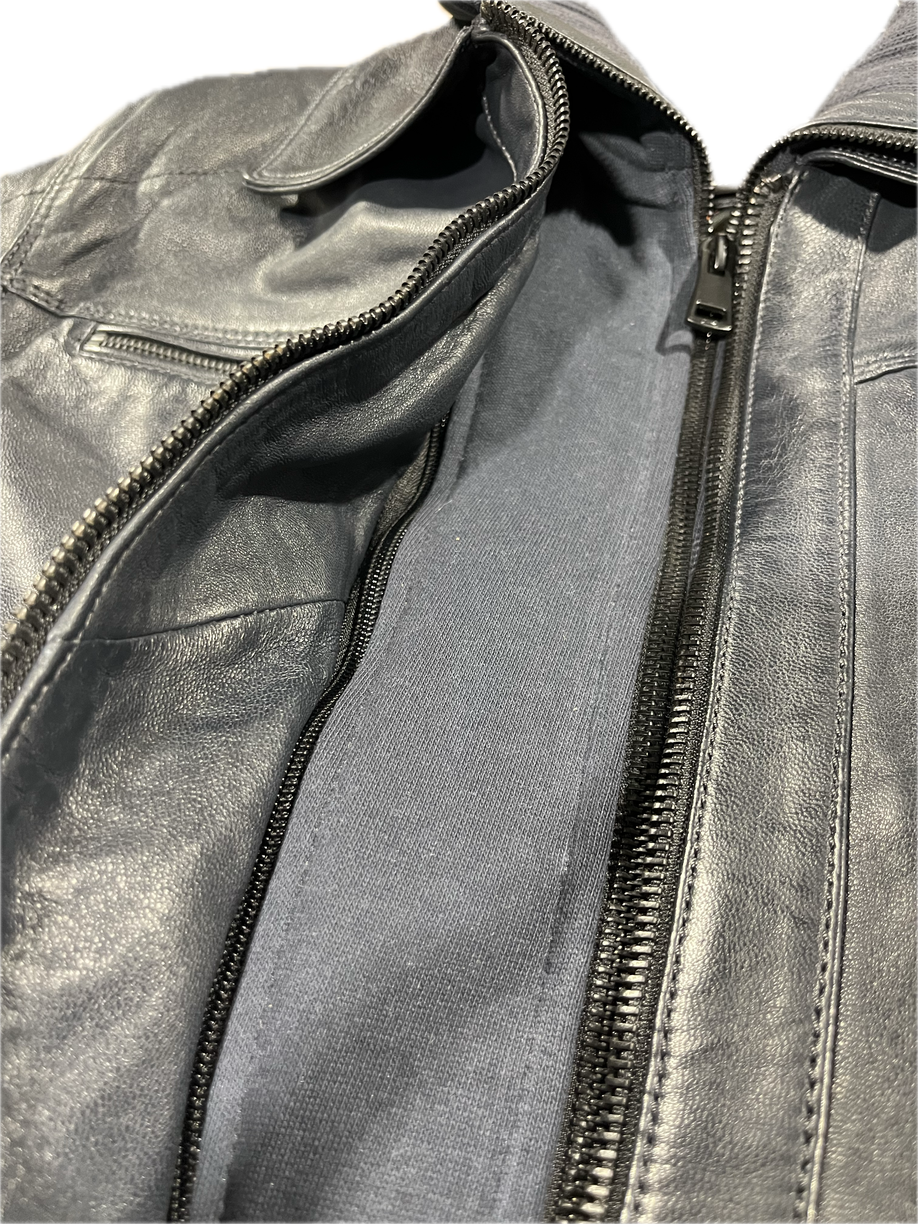 Veste en cuir veritable Navy à col et devanture détachable par Plongé