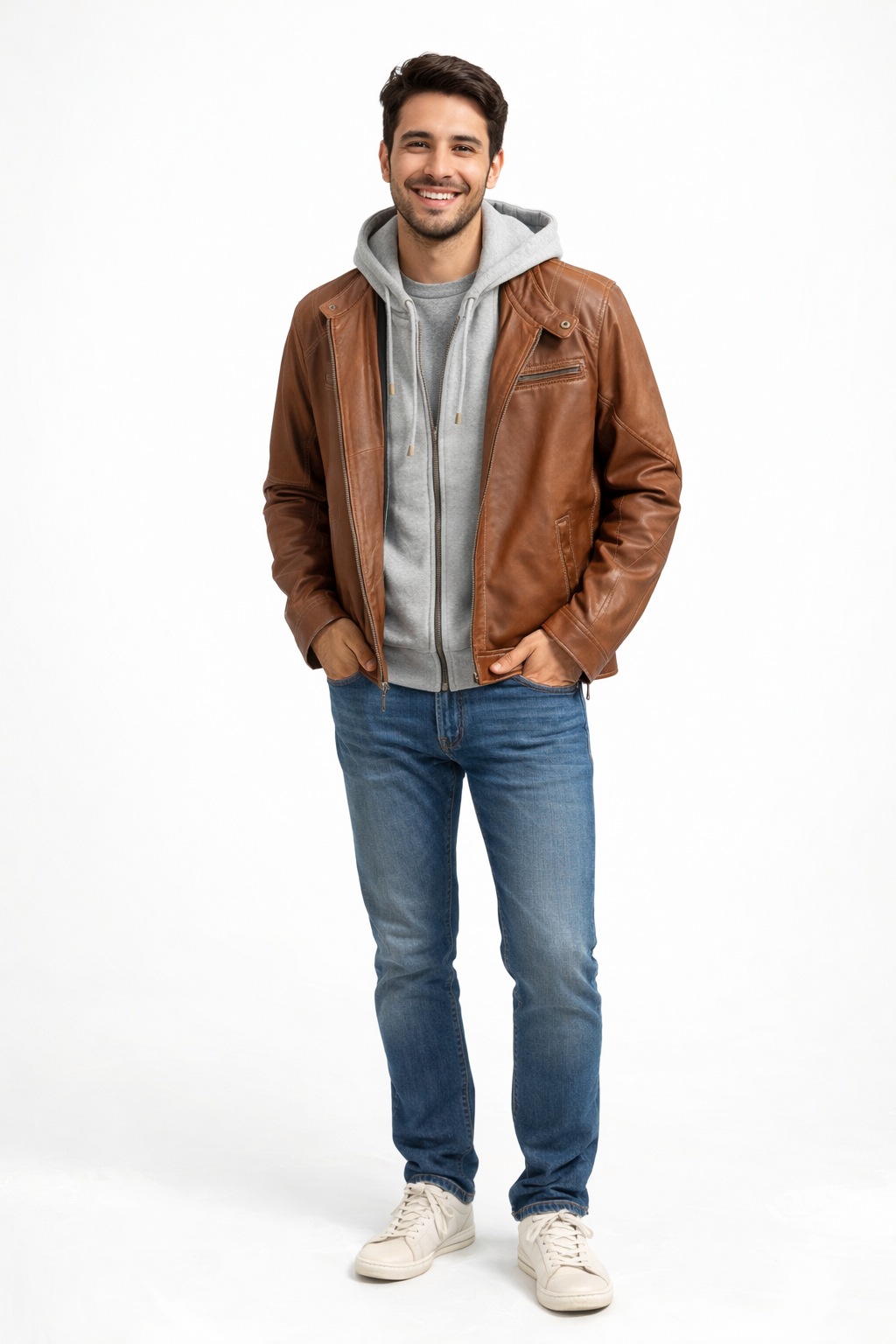 Veste en cuir veritable Dark Whiskey à capuchon détachable par Plongé