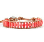 Coral Stone Beaded Leather Bracelet