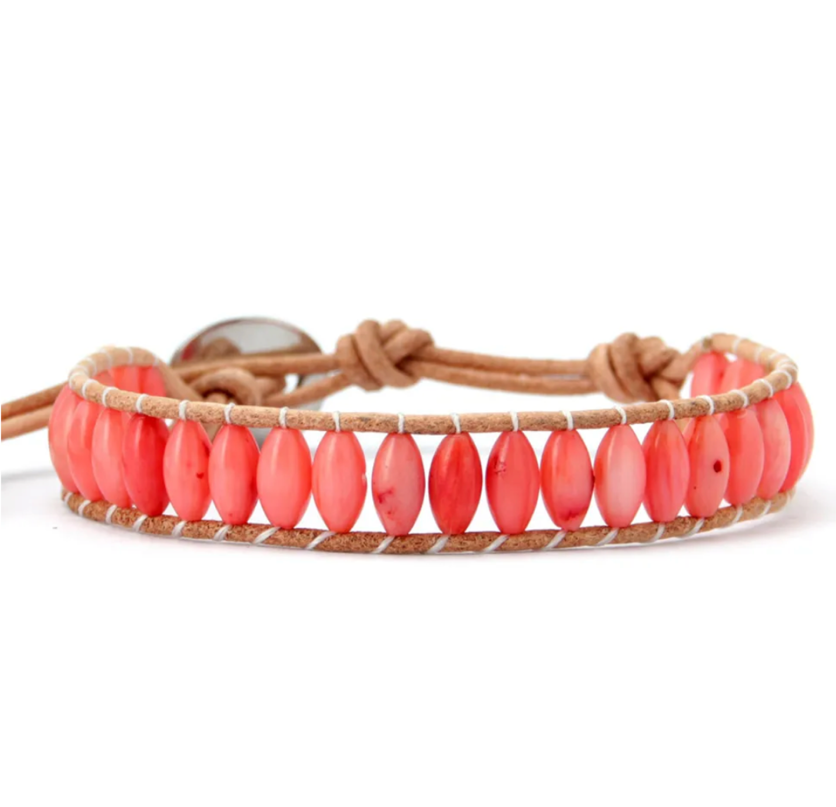 Coral Stone Beaded Leather Bracelet