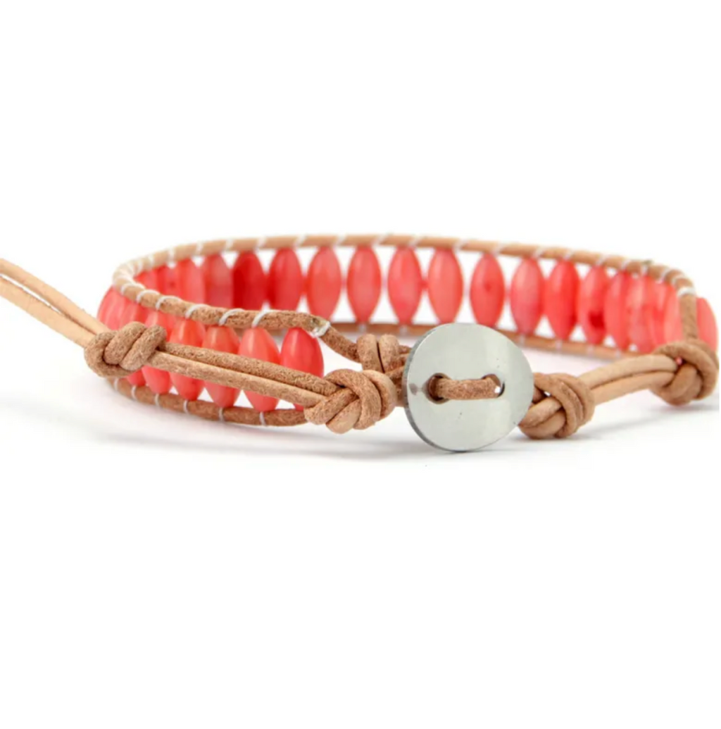 Coral Stone Beaded Leather Bracelet