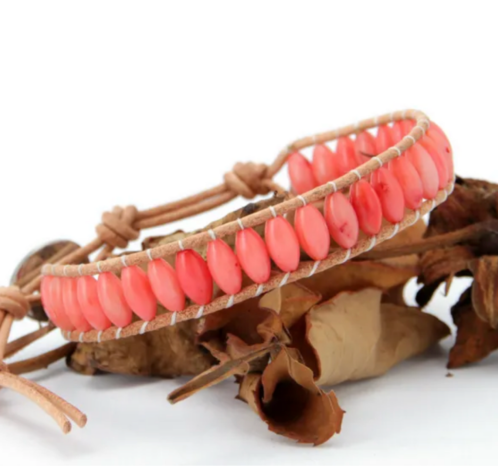 Coral Stone Beaded Leather Bracelet