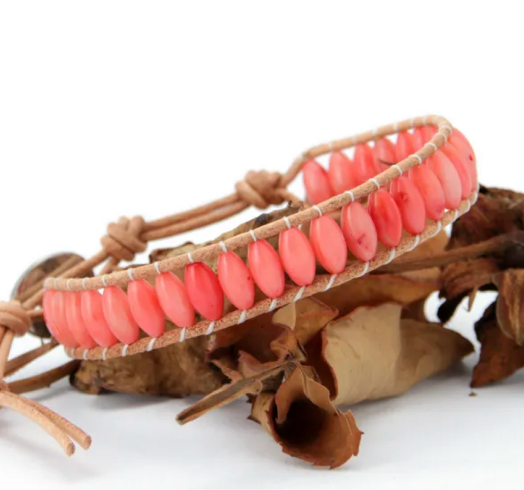 Coral Stone Beaded Leather Bracelet